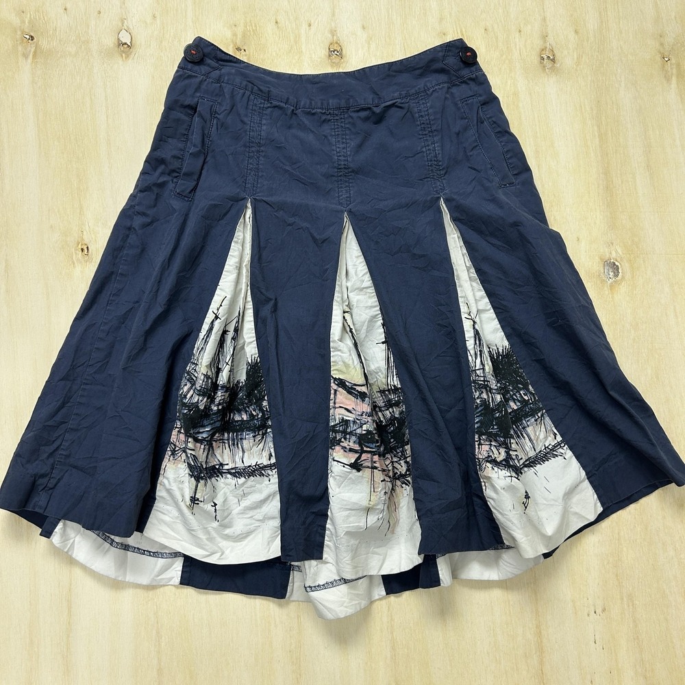 Y2K Merona Skirt Womens 6 Blue A-Line Midi Lined Pockets Pleated Abstract Panels